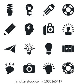 Set of vector isolated black icon - automatic door vector, brainstorm, bulb, camera, pencil, energy saving, shining head, idea, paper plane, crisis management