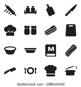 Set of vector isolated black icon - cafe vector, cook hat, menu, bacon, salt and pepper, bowl, rolling pin, cutting board, knife, steaming pan