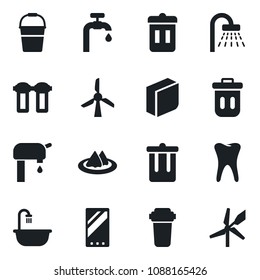 Set of vector isolated black icon - trash bin vector, shower, bucket, tooth, mobile, blank box, water supply, bathroom, serviette, filter, windmill