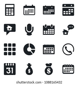 Set of vector isolated black icon - calendar vector, circle chart, microphone, menu, calculator, phone, home message, money bag