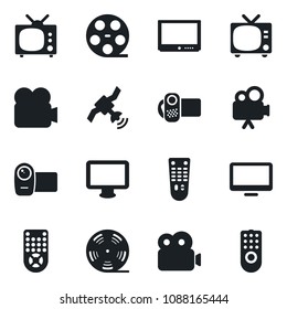 Set of vector isolated black icon - tv vector, reel, satellite, video camera, remote control, monitor