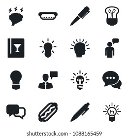 Set of vector isolated black icon - speaking man vector, pen, brainstorm, bulb, dialog, wine card, hot dog, shining head, idea
