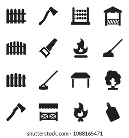 Set of vector isolated black icon - fence vector, tree, saw, fire, hoe, axe, abacus, table, alcove, cutting board