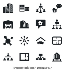 Set of vector isolated black icon - hierarchy vector, molecule, hospital, office building, garage, plan, home message