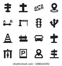 Set of vector isolated black icon - airport bus vector, parking, barrier, security gate, signpost, border cone, route, navigation, traffic light, place tag, guidepost