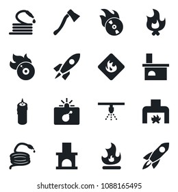 Set of vector isolated black icon - bomb in case vector, fire, hose, axe, fireplace, flammable, flame disk, candle, sprinkler, rocket