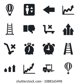 Set of vector isolated black icon - elevator vector, alarm clock, left arrow, fork loader, ladder, no trolley, finger down, up graph, growth, air balloon