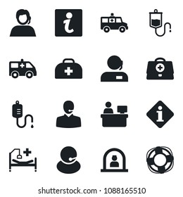 Set of vector isolated black icon - reception vector, manager place, doctor case, dropper, ambulance car, hospital bed, support, information, crisis management
