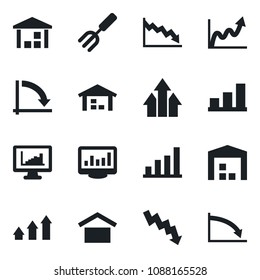 Set of vector isolated black icon - crisis graph vector, garden fork, warehouse storage, monitor statistics, bar, arrow up, growth