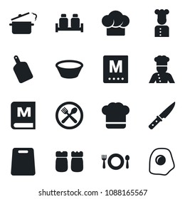 Set of vector isolated black icon - cook vector, cafe, hat, menu, salt and pepper, bowl, cutting board, knife, steaming pan, omelette
