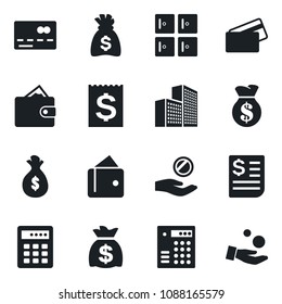 Set of vector isolated black icon - credit card vector, checkroom, money bag, receipt, office building, combination lock, wallet, investment