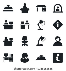 Set of vector isolated black icon - reception vector, office chair, desk, manager place, support, lamp, information
