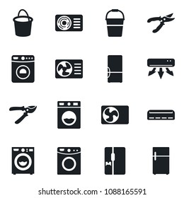 Set of vector isolated black icon - washer vector, bucket, pruner, air conditioner, fridge