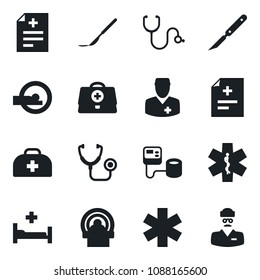 Set of vector isolated black icon - doctor case vector, diagnosis, stethoscope, blood pressure, scalpel, tomography, ambulance star, hospital bed