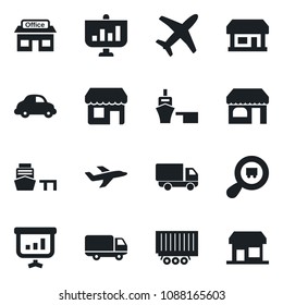 Set of vector isolated black icon - shop vector, store, plane, truck trailer, car delivery, sea port, search cargo, presentation, storefront