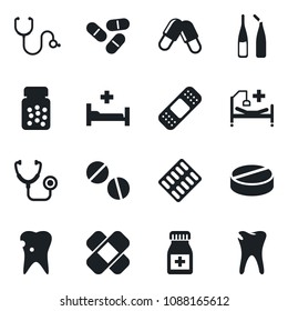 Set of vector isolated black icon - stethoscope vector, pills, bottle, blister, ampoule, patch, hospital bed, caries