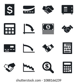 Set of vector isolated black icon - credit card vector, safe, handshake, abacus, crisis graph, receipt, calculator, money search, cash