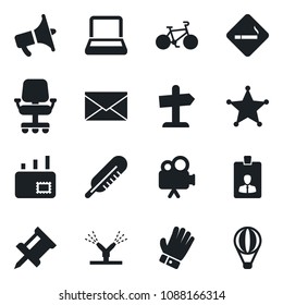 Set of vector isolated black icon - smoking place vector, mail, identity card, glove, thermometer, bike, loudspeaker, video camera, drawing pin, notebook pc, irrigation, police, office chair