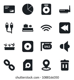 Set of vector isolated black icon - baggage conveyor vector, seedling, speaker, chain, mail, rewind, rec button, rca, wireless, place tag, pie graph, document search, sale, router, trash bin