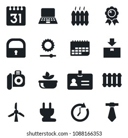 Set of vector isolated black icon - identity vector, medal, notebook pc, term, package, camera, calendar, brightness, lock, heater, salad, power plug, radiator, windmill, clock, tie
