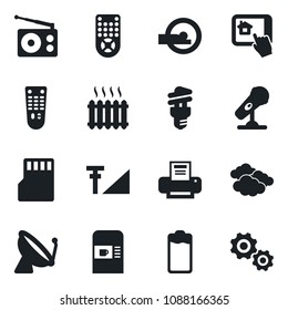 Set of vector isolated black icon - satellite antenna vector, coffee machine, clouds, tomography, microphone, radio, remote control, battery, sd, cellular signal, printer, heater, home app, gear