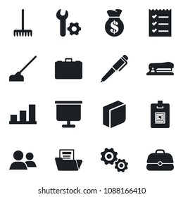 Set of vector isolated black icon - case vector, rake, hoe, group, root setup, presentation board, bar graph, document folder, identity card, blank box, checklist, pen, stapler, gear, money bag