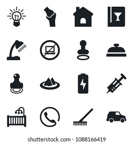 Set of vector isolated black icon - no laptop vector, stamp, rake, house, syringe, joint, charge, desk lamp, children room, phone, serviette, wine card, reception, idea, car