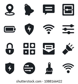 Set of vector isolated black icon - message vector, protect, tuning, themes, bell, mail, scanner, network, wireless, torch, place tag, lock, battery, application