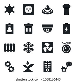 Set of vector isolated black icon - socket vector, fan, remote control, irrigation, snowflake, gear, water, filter, radiator, police, trash bin, pass card, surveillance, battery, alarm led