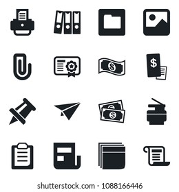 Set of vector isolated black icon - drawing pin vector, printer, cash, gallery, folder, clipboard, paper clip, news, blank box, binder, copier, restaurant receipt, plane, certificate, contract