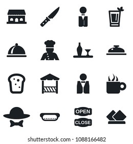 Set of vector isolated black icon - waiter vector, cook, dish, alcohol, reception, phyto bar, coffee, bread, cafe building, dress code, open close, alcove, hot dog, knife, serviette