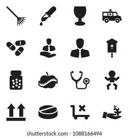 Set of vector isolated black icon - baby vector, rake, bird house, stethoscope, dropper, pills, bottle, ambulance car, diet, client, fragile, up side sign, no trolley, palm sproute