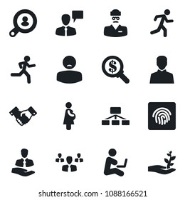 Set of vector isolated black icon - handshake vector, speaking man, run, doctor, patient, pregnancy, client, user, fingerprint id, search, group, money, hierarchy, with notebook, palm sproute