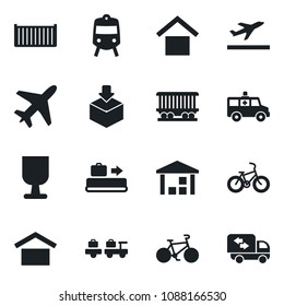Set of vector isolated black icon - plane vector, departure, baggage conveyor, train, larry, ambulance car, bike, railroad, cargo container, fragile, warehouse storage, package, moving