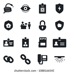 Set of vector isolated black icon - passport control vector, identity, card, hose, chain, protect, sd, lock, eye id, estate insurance, intercome, home, sprinkler