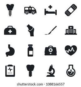 Set of vector isolated black icon - heart pulse vector, doctor case, microscope, ampoule, scalpel, patch, ambulance car, hospital bed, stomach, implant, joint, clipboard, flask