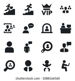 Set of vector isolated black icon - vip vector, baby, reception, speaking man, manager place, speaker, user, hr, career ladder, client search, estate agent, group, with notebook