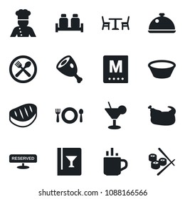 Set of vector isolated black icon - hot cup vector, cafe, cook, dish, wine card, menu, reserved, cocktail, salt and pepper, chicken, steak, ham, bowl, sushi