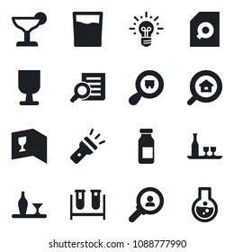 Set of vector isolated black icon - document search vector, blood test vial, ampoule, fragile, cargo, torch, estate, alcohol, wine card, drink, cocktail, consumer, idea, flask