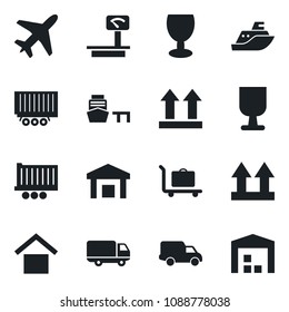 Set of vector isolated black icon - plane vector, baggage trolley, sea shipping, truck trailer, car delivery, port, fragile, warehouse storage, up side sign, heavy scales