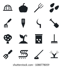 Set of vector isolated black icon - job vector, garden fork, farm, rake, sproute, hoe, sickle, plant label, pumpkin, greenhouse, seeds, drip irrigation, fruit tree