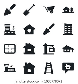 Set of vector isolated black icon - airport building vector, trowel, shovel, ladder, wheelbarrow, house, with garage, tree, plan, sweet home, city, crane, message