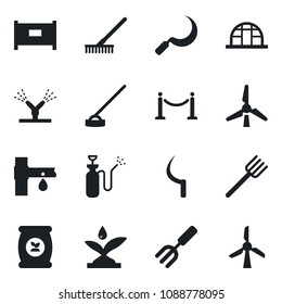 Set of vector isolated black icon - fence vector, garden fork, farm, rake, hoe, sickle, greenhouse, sprayer, fertilizer, drip irrigation, windmill
