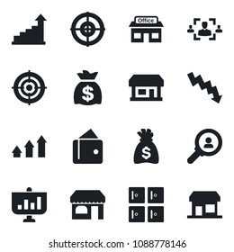 Set of vector isolated black icon - shop vector, checkroom, growth statistic, money bag, crisis graph, store, hr, target, consumer search, arrow up, wallet, presentation, storefront