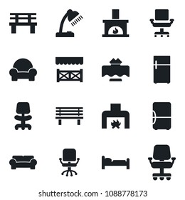 Set of vector isolated black icon - bed vector, office chair, bench, desk lamp, cushioned furniture, fireplace, restaurant table, alcove, fridge