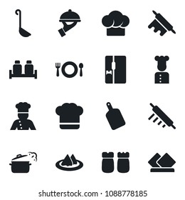 Set of vector isolated black icon - fridge vector, cook, serviette, cafe, hat, waiter, salt and pepper, ladle, rolling pin, cutting board, steaming pan