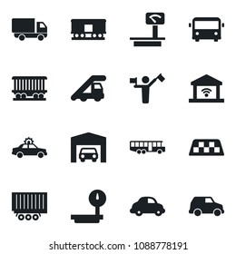 Set of vector isolated black icon - dispatcher vector, taxi, airport bus, alarm car, ladder, railroad, truck trailer, delivery, heavy scales, garage, gate control