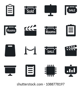 Set of vector isolated black icon - fence vector, presentation board, clipboard, clapboard, sale, rooms, sold signboard, cutting, chip