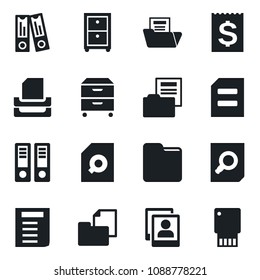 Set of vector isolated black icon - office binder vector, document search, receipt, folder, photo gallery, paper tray, archive box, usb flash