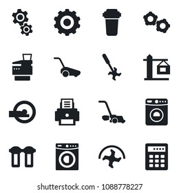 Set of vector isolated black icon - washer vector, gear, ripper, lawn mower, tomography, printer, copier, crane, water filter, combination lock